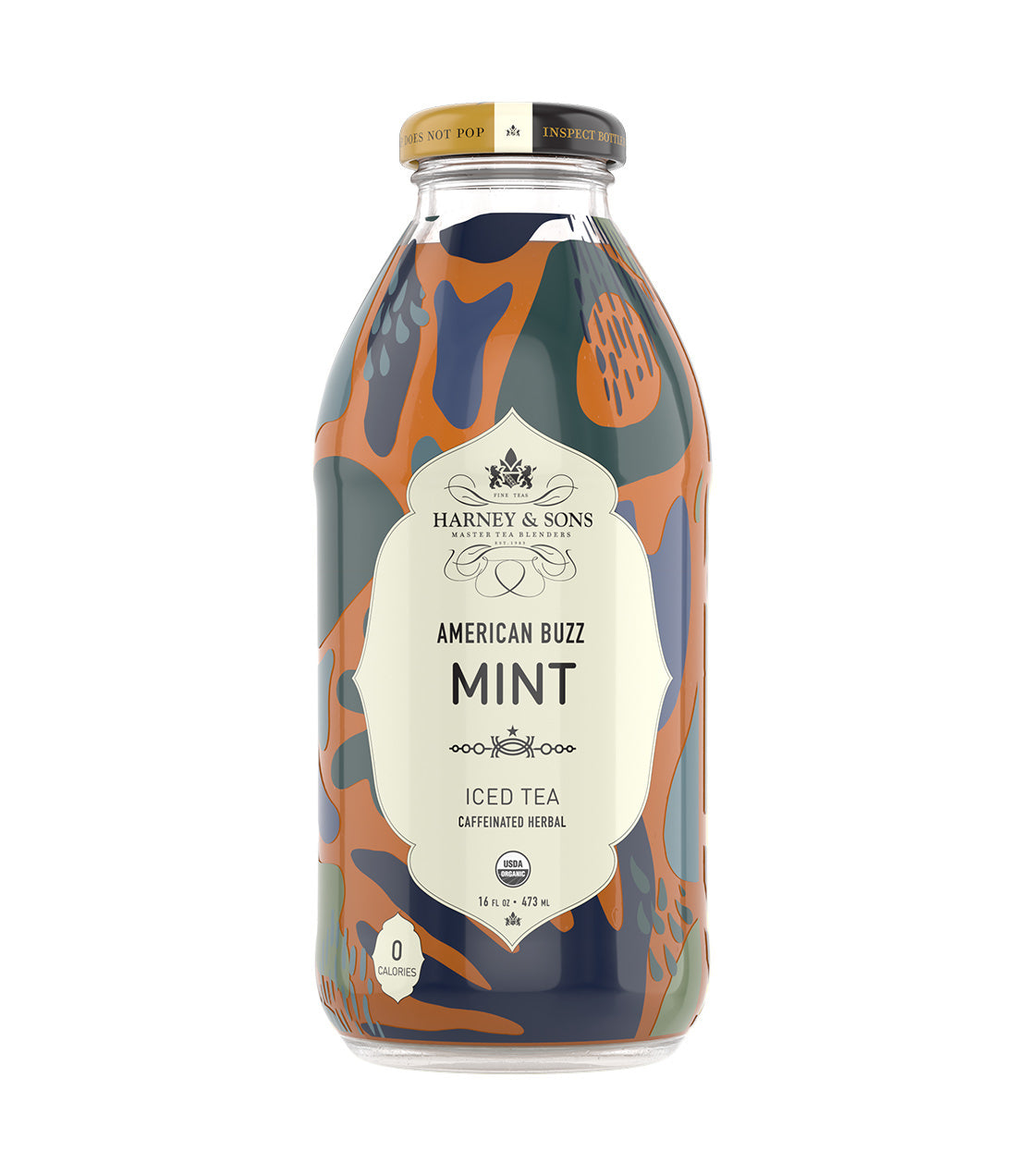 16OZ Bottle of American Buzz Mint Iced Tea by Harney & Sons, featuring a colorful, organic design.