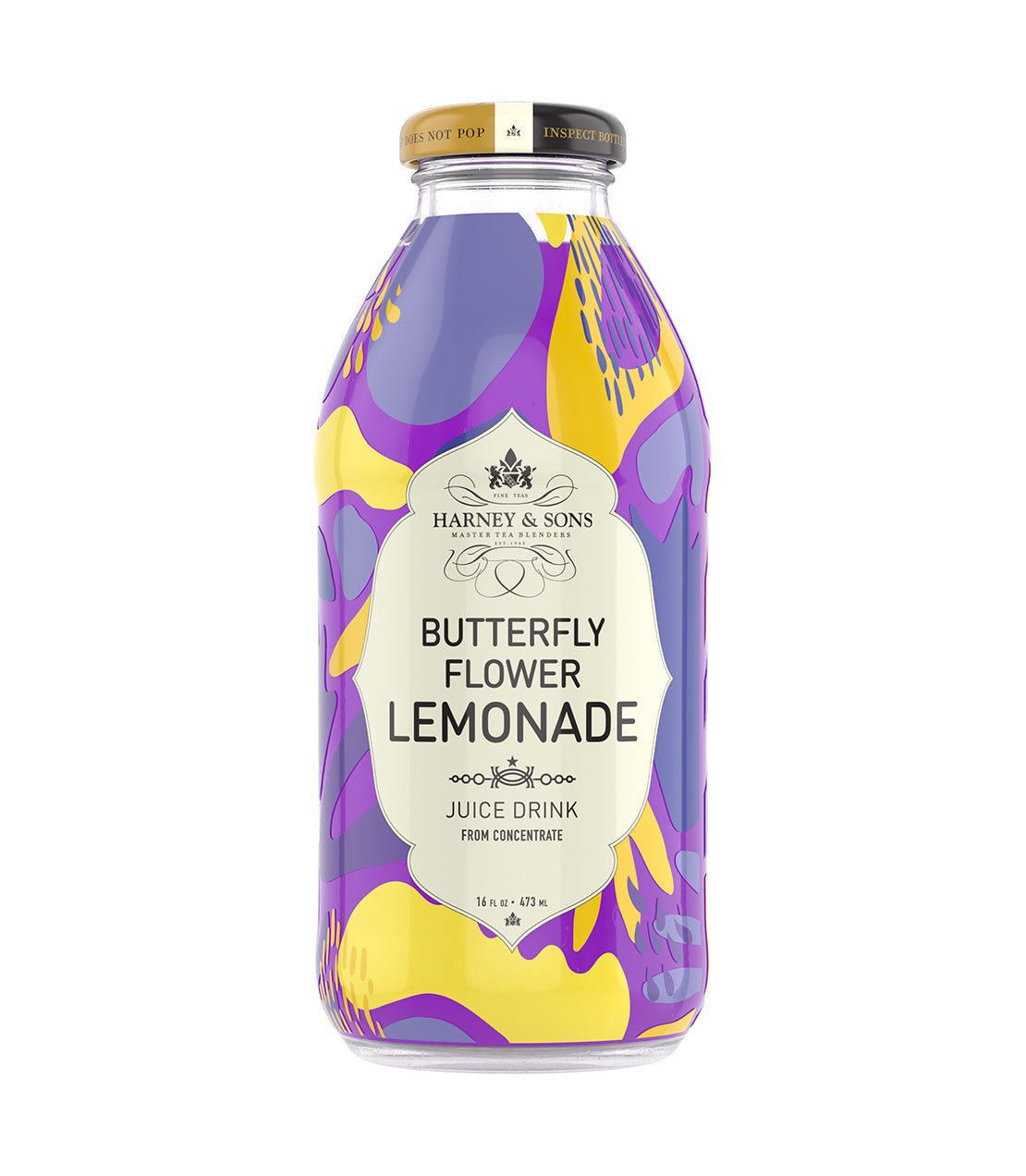 16OZ Colorful bottle of Harney & Sons Butterfly Flower Lemonade Iced Tea, featuring vibrant floral design and label.