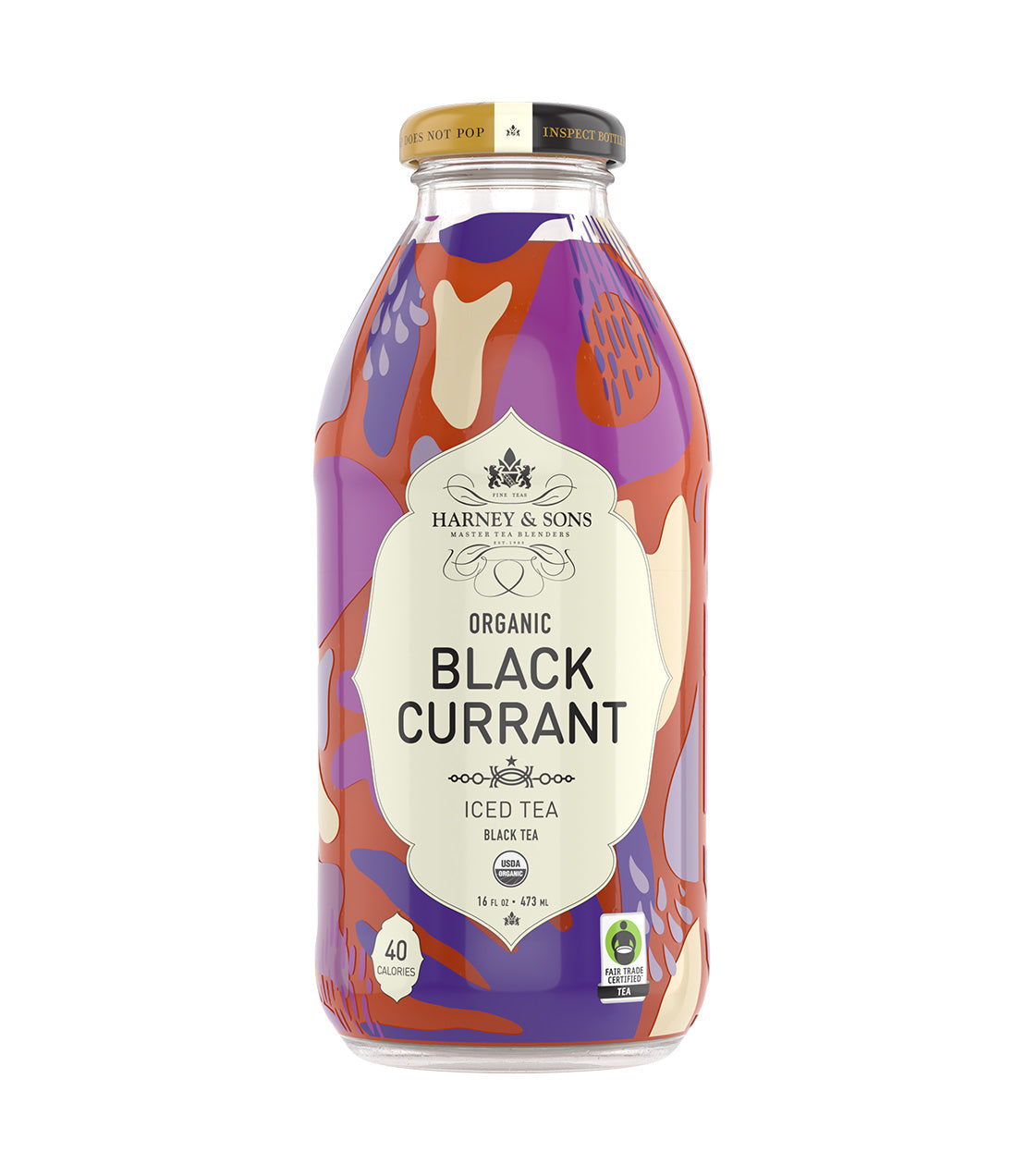 Harney & Sons Fine Teas- 16 OZ Bottle of Black Currant Iced Tea, featuring a colorful design.
