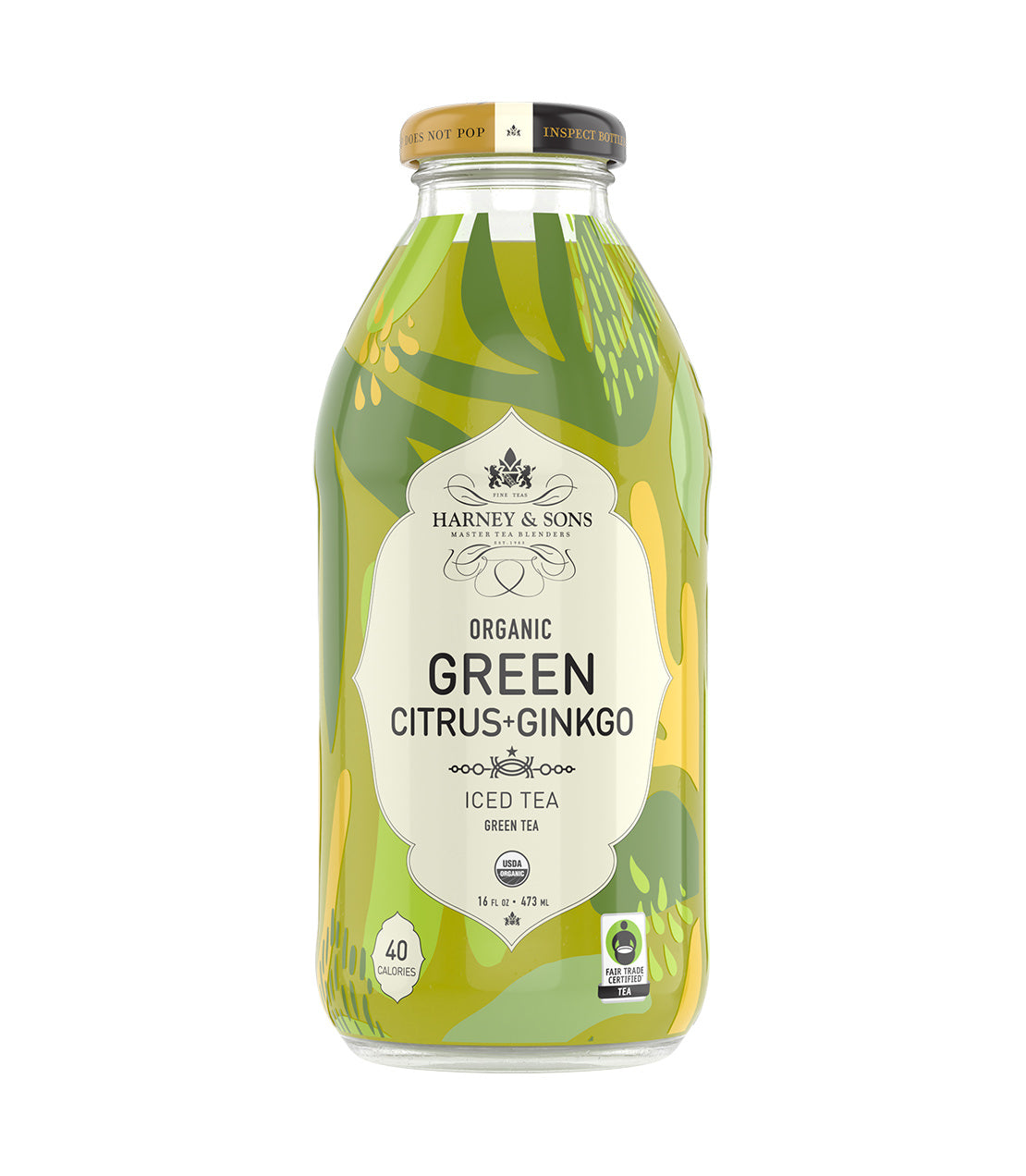 Harney & Sons Fine Teas- 16 OZ Bottle of Organic Green with Citrus + Ginkgo Iced Tea, featuring a colorful design.
