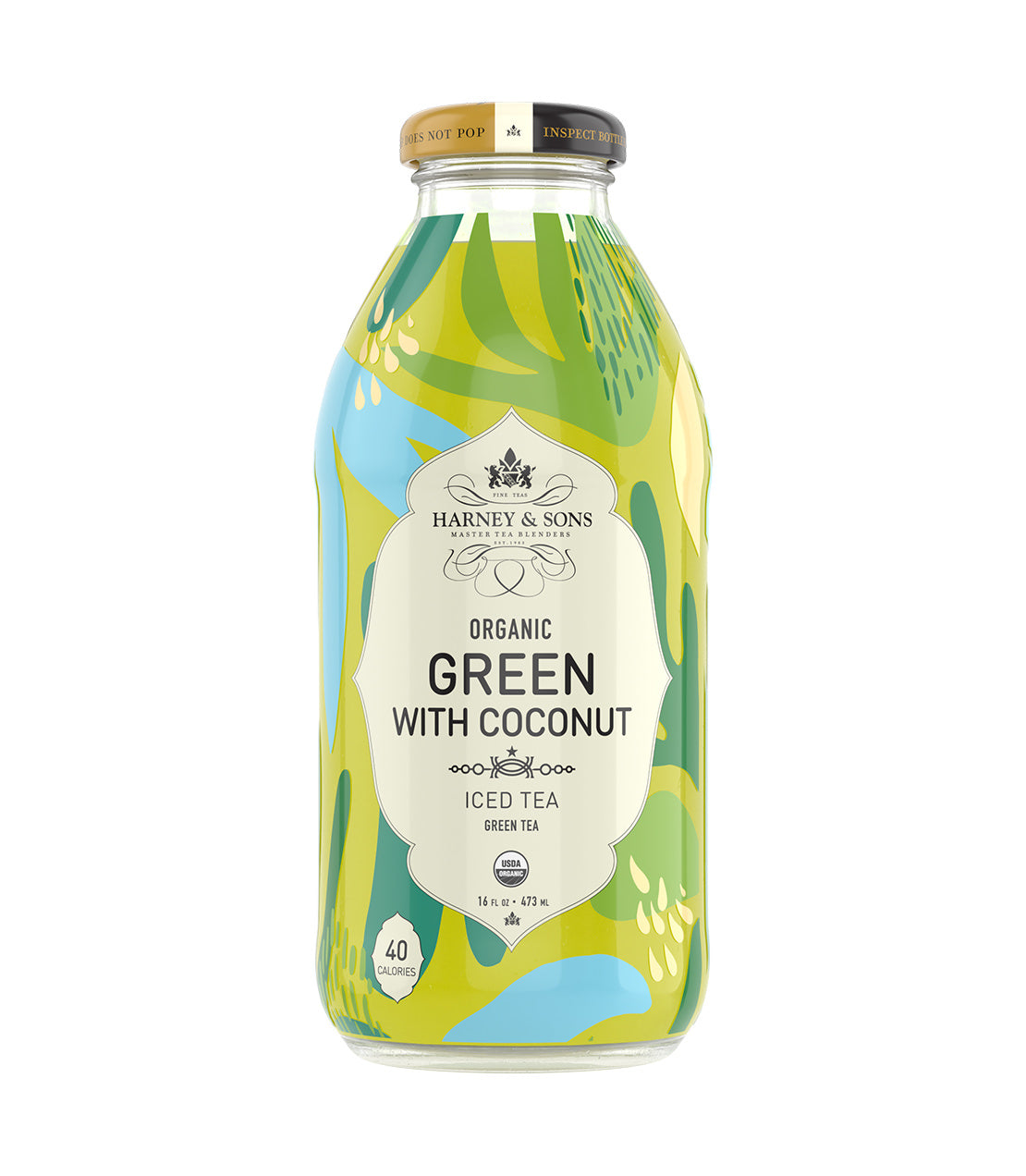 Harney & Sons Fine Teas- 16 OZ Bottle of Organic Green with Coconut Iced Tea, featuring a colorful design.