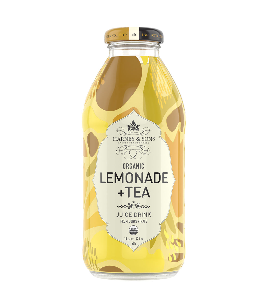 Harney & Sons Fine Teas- 16 OZ Bottle of Organic Lemonade + Tea Juice Drink, featuring a colorful design.