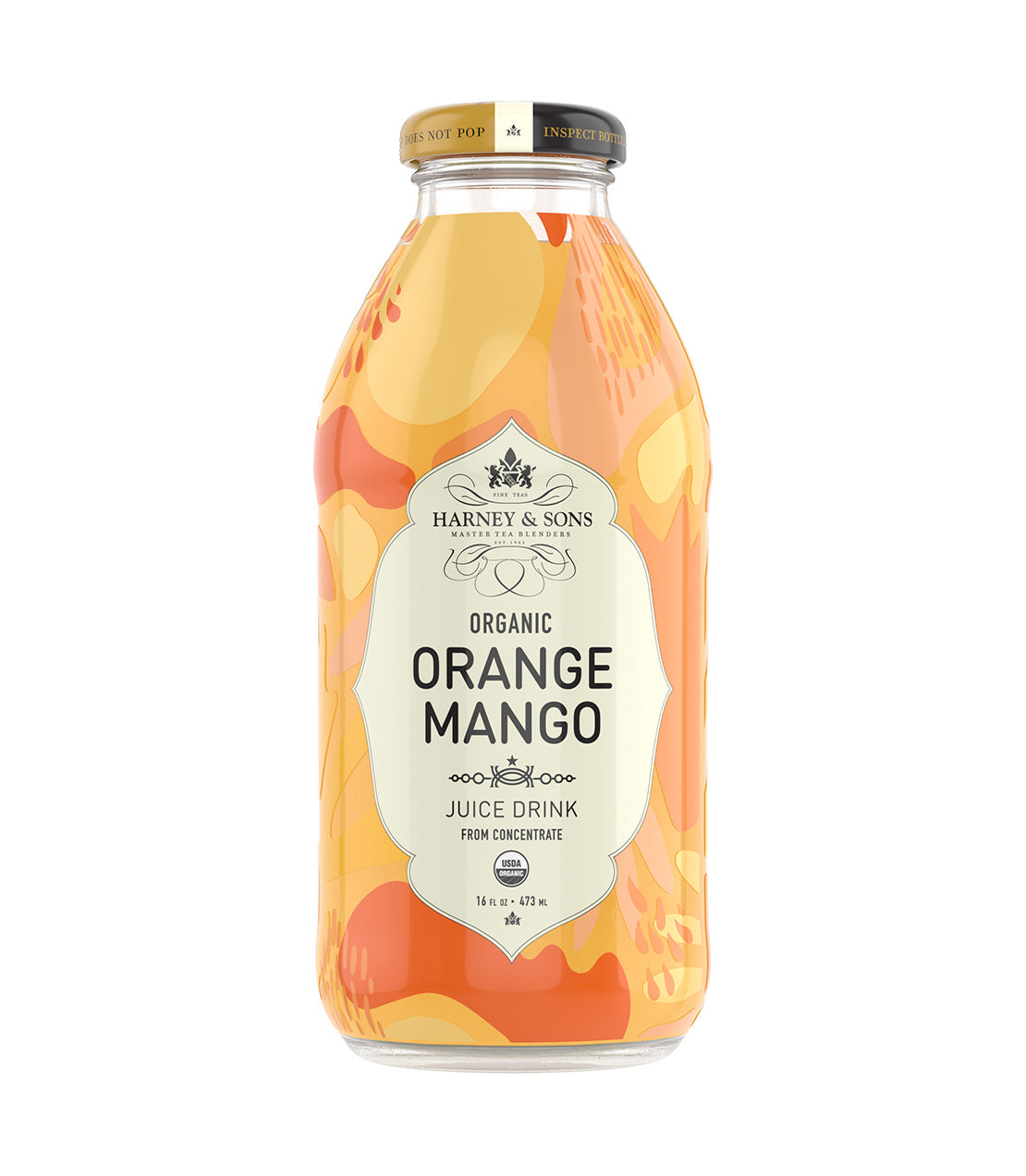 Harney & Sons Fine Teas- 16 OZ Bottle of Organic Orange Mango Juice Drink, featuring a colorful design.
