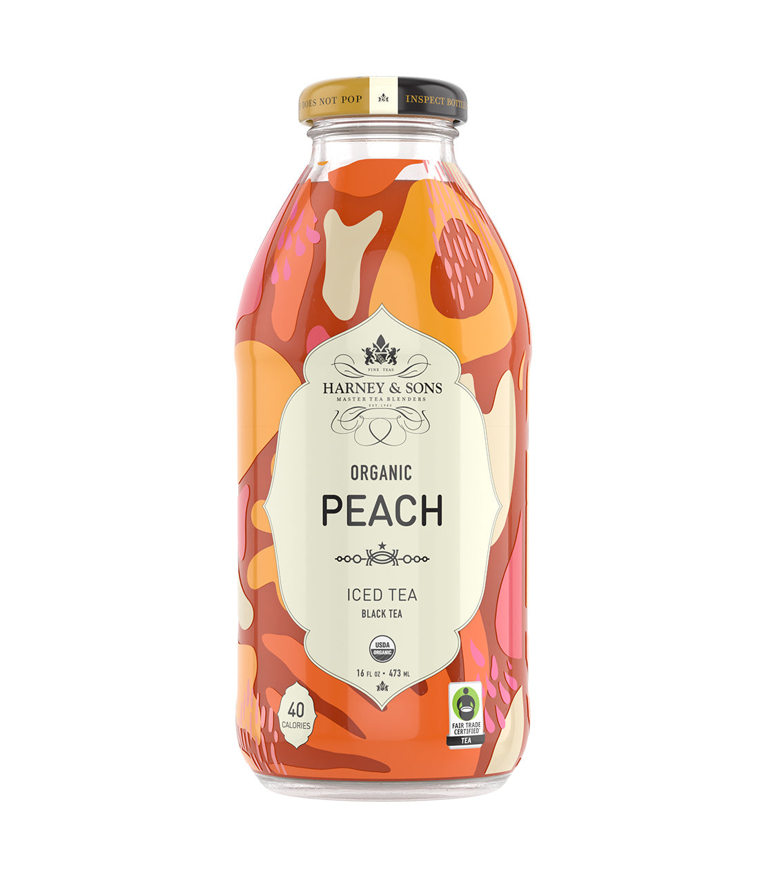 Harney & Sons Fine Teas- 16 OZ Bottle of Organic Peach Iced Tea, featuring a colorful design.