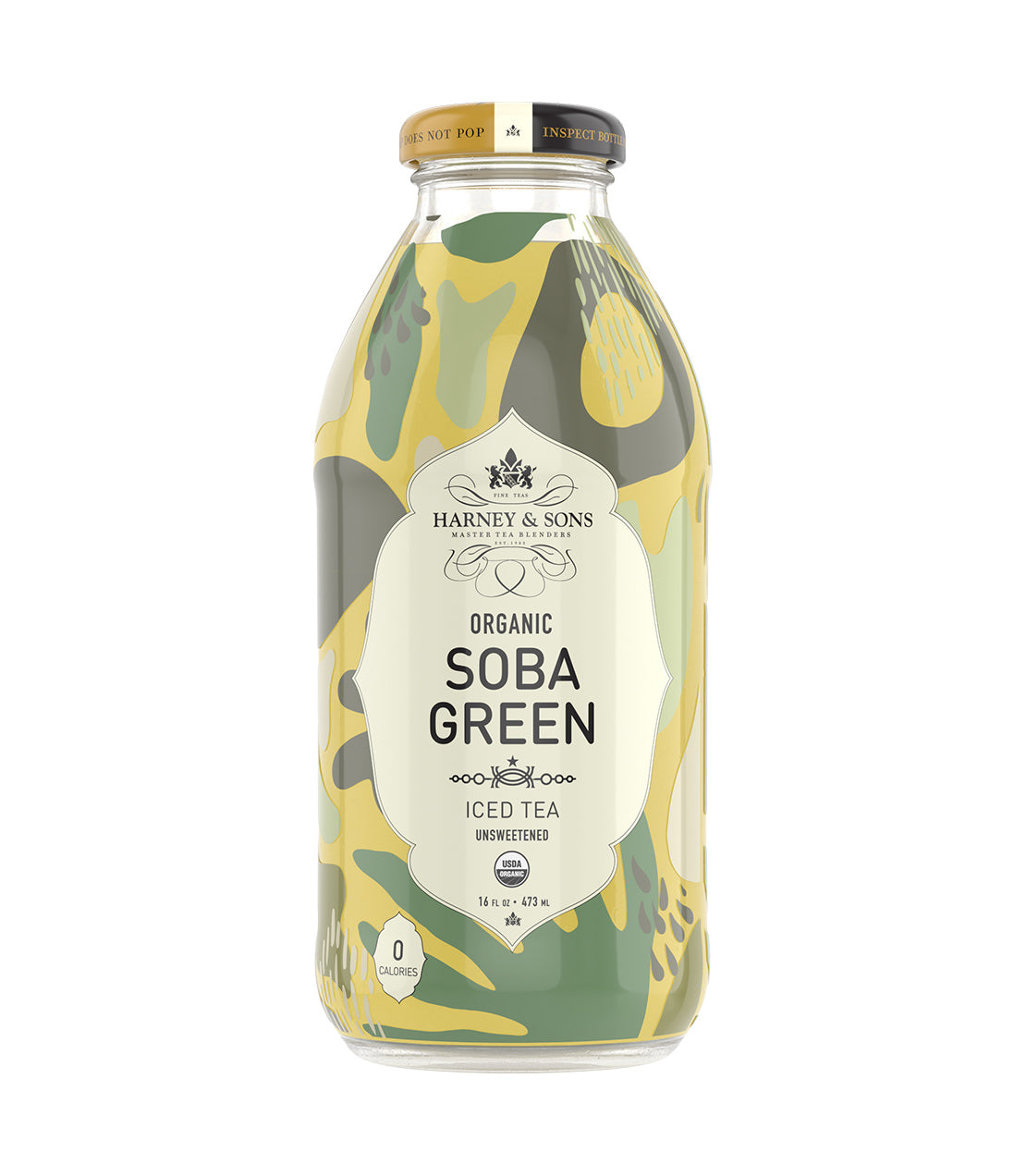 Harney & Sons Fine Teas- 16 OZ Bottle of Organic Soba Green Unsweetened Iced Tea, featuring a colorful design.