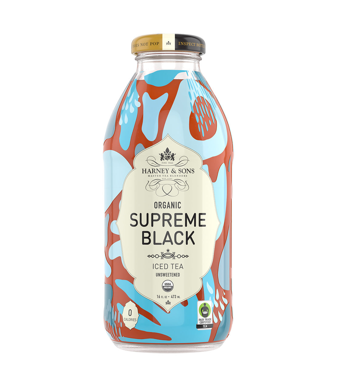 Harney & Sons Fine Teas- 16 OZ Bottle of Organic Supreme Black Iced Tea, featuring a colorful design.