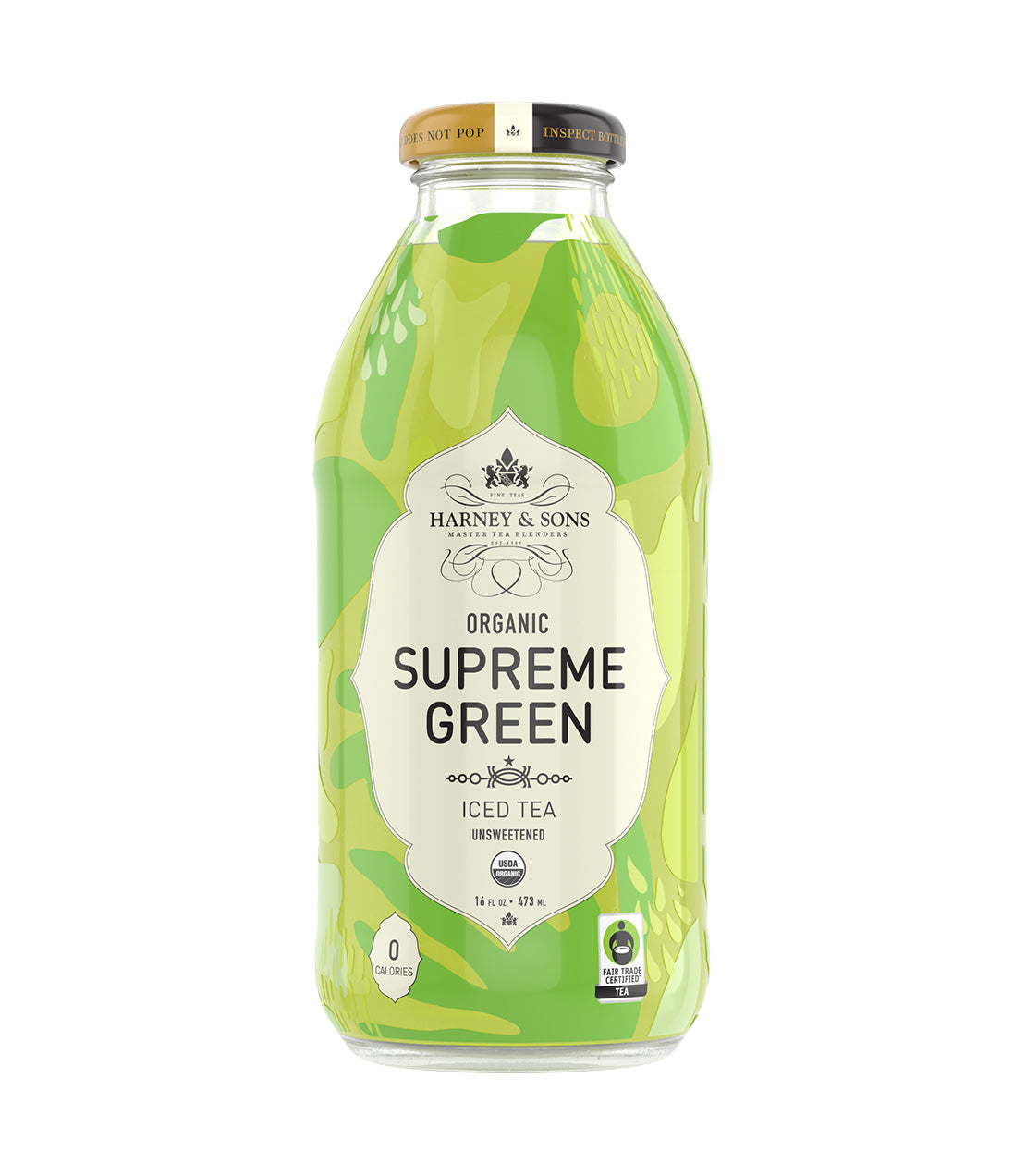 Harney & Sons Fine Teas- 16 OZ Bottle of Organic Supreme Green Unsweetened Iced Tea, featuring a colorful design.