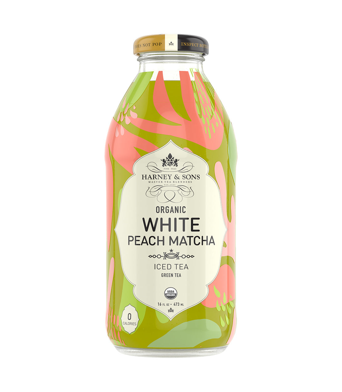 Harney & Sons Fine Teas- 16 OZ Bottle of Organic White Peach Matcha Iced Tea, featuring a colorful design.