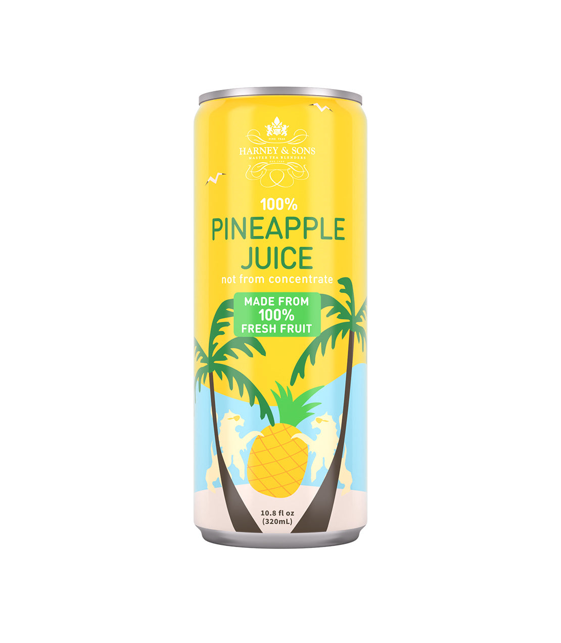 Harney & Sons 100% Pineapple Juice can, featuring vibrant yellow design with palm trees and a pineapple graphic.