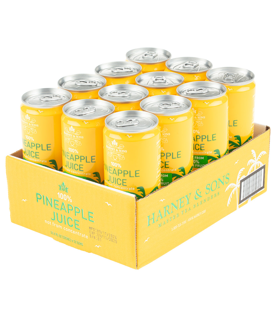Twelve cans of Harney & Sons 100% Pineapple Juice in a yellow cardboard box, featuring tropical design elements.