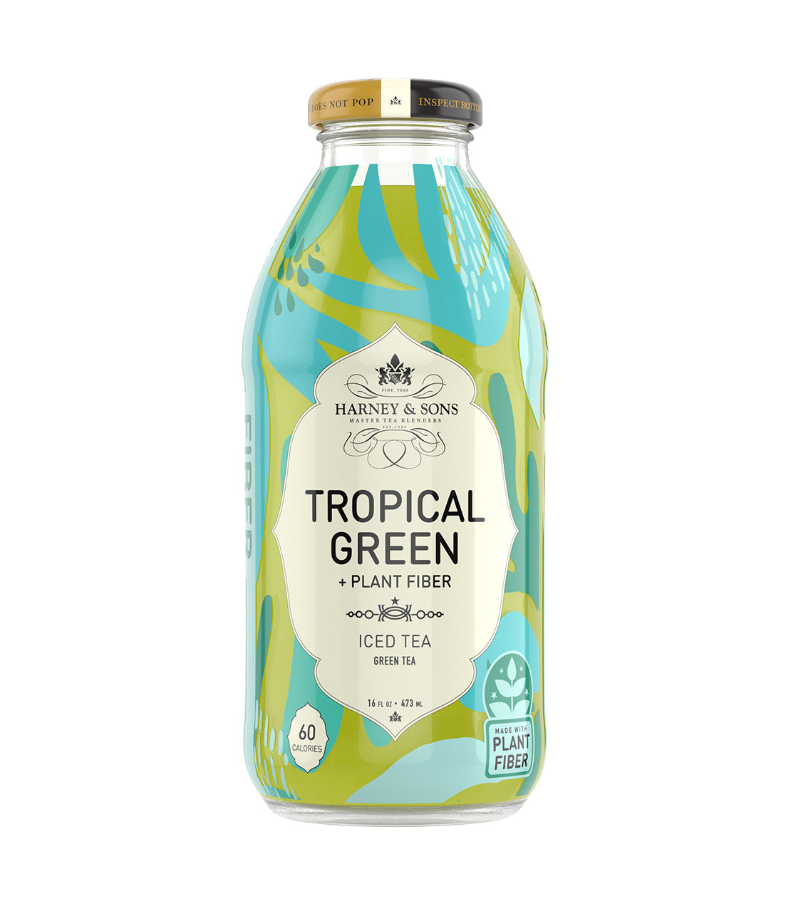 Harney & Sons Fine Teas- 16 OZ Bottle of Organic Tropical Green + Plant Fiber Iced Tea, featuring a colorful design.