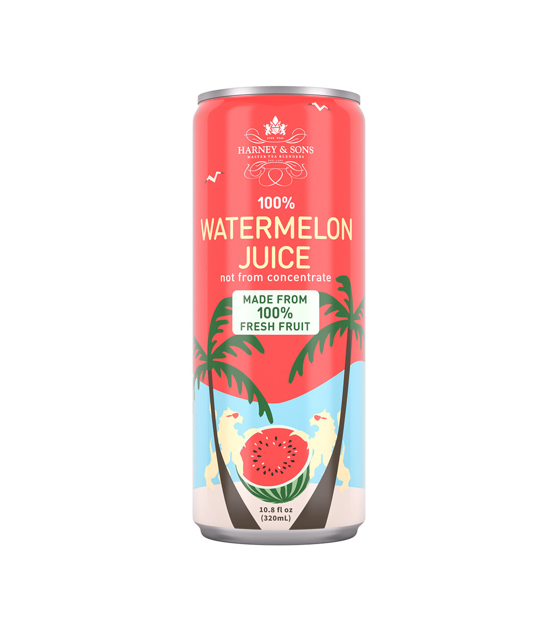 Harney & Sons 100% Watermelon Juice can featuring vibrant design with palm trees and fresh watermelon imagery.