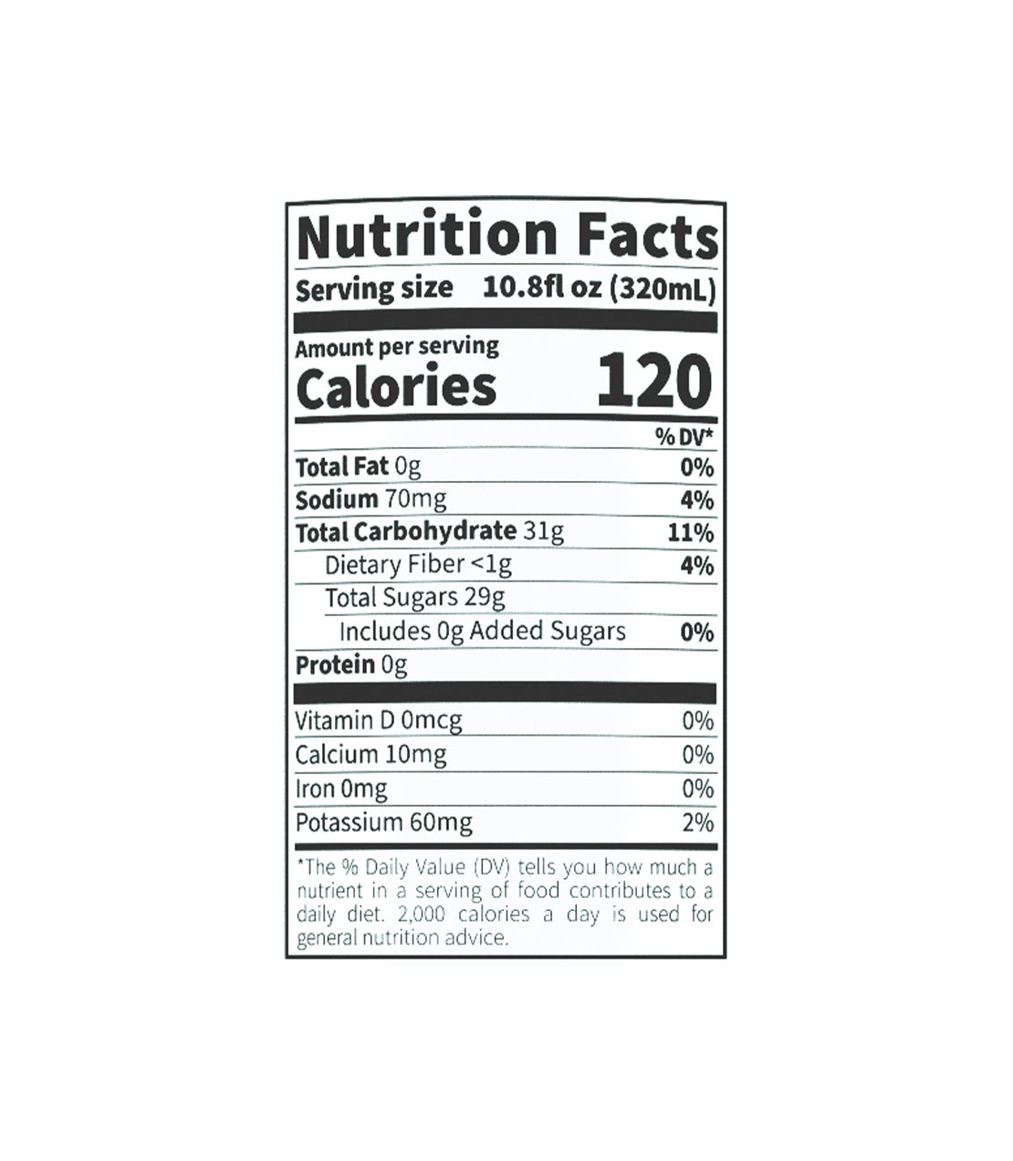 Nutrition facts label for Harney & Sons Watermelon Juice, detailing calories, serving size, and nutrient content.