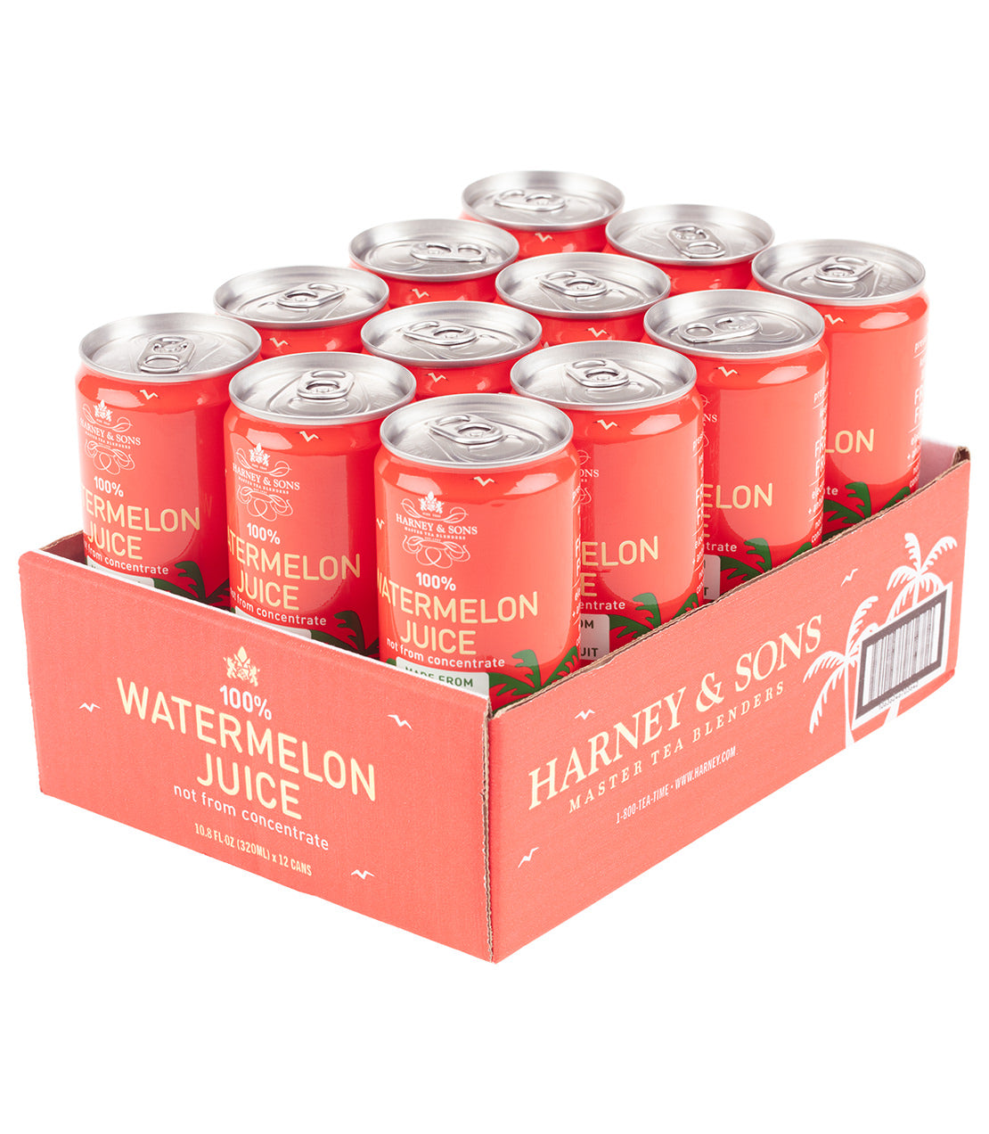 Twelve cans of Harney & Sons 100% Watermelon Juice in a red display box, showcasing vibrant packaging design.