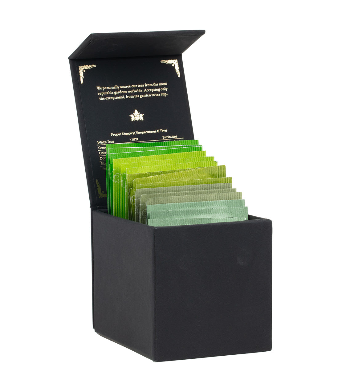 Harney Heritage green teabag sampler in a black box, featuring assorted green tea varieties.
