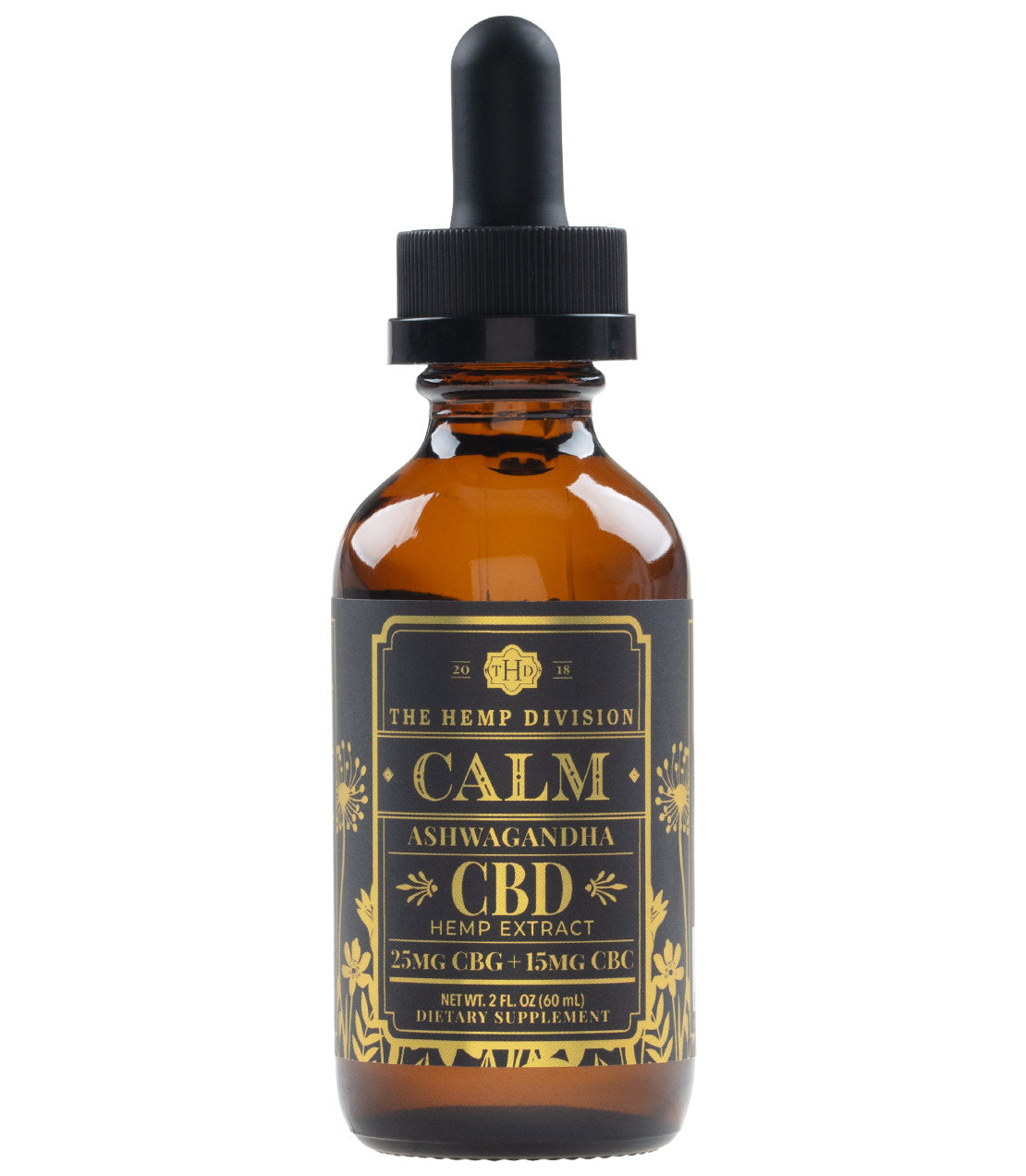 Amber glass bottle of Calm Ashwagandha hemp extract tincture with dropper, labeled with dosage information.