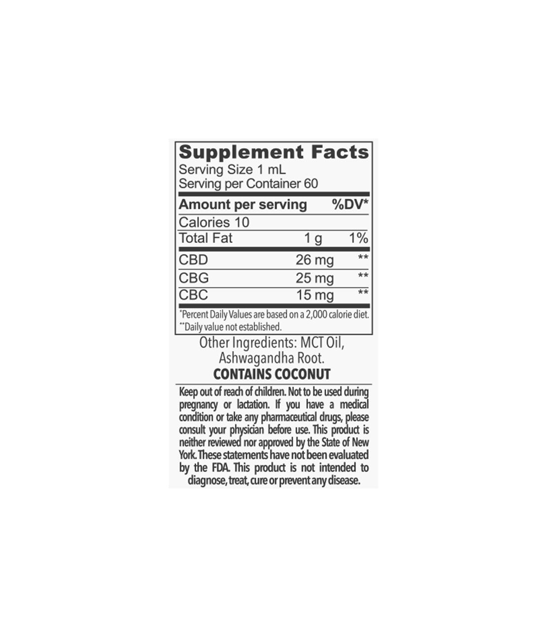 Supplement facts label for Calm Ashwagandha Hemp Extract Tincture, detailing ingredients and nutritional information.