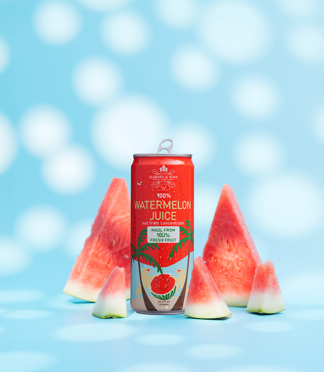 Can of Harney & Sons 100% Watermelon Juice surrounded by fresh watermelon slices on a light blue background.