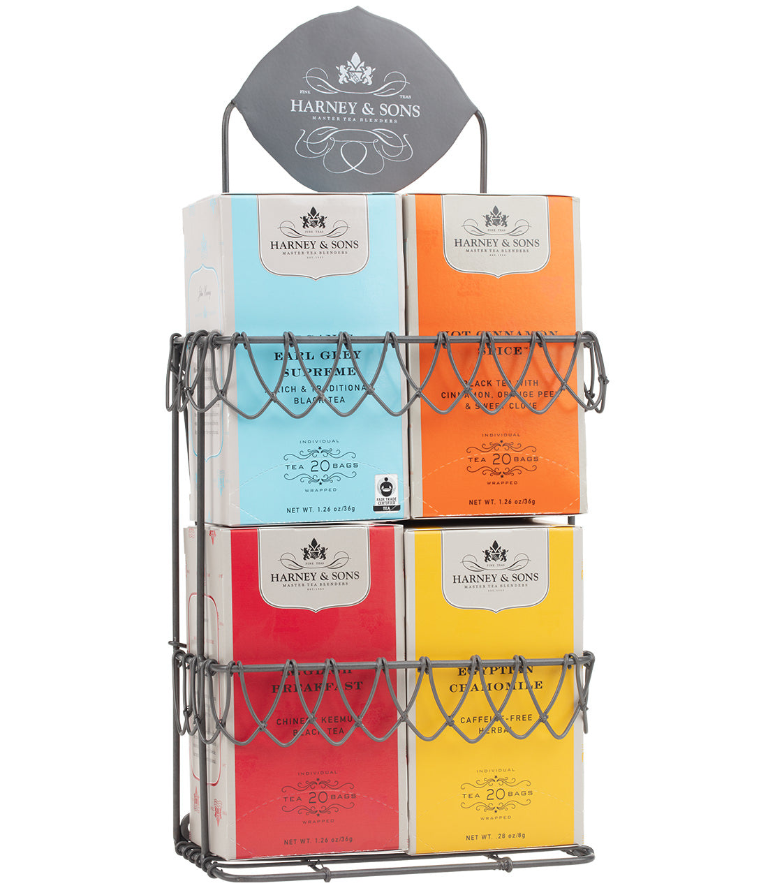 Decorative wire display rack for four Harney & Sons premium teabag boxes, featuring an elegant design.