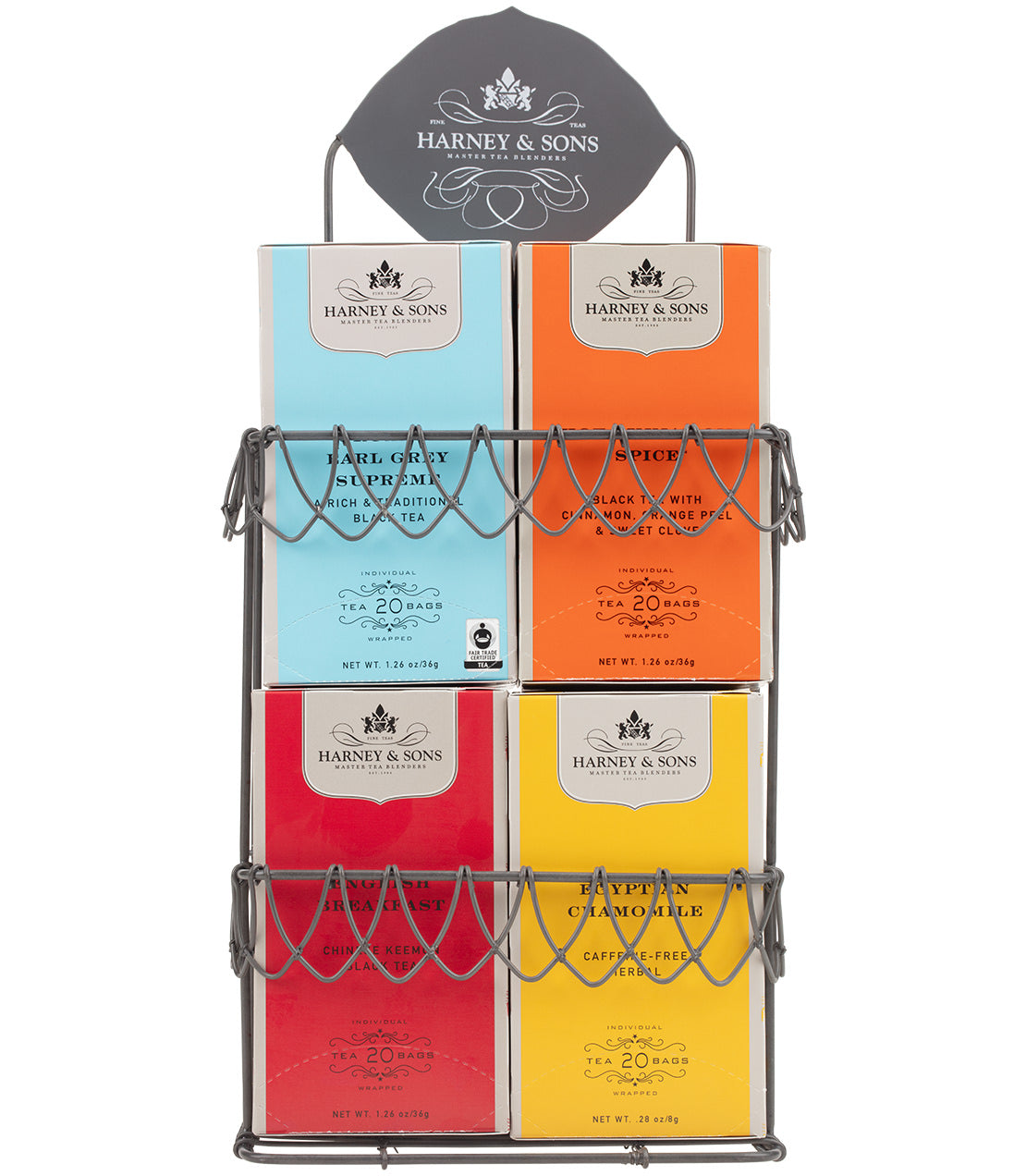 Harney & Sons decorative wire display rack holding four premium teabag boxes in vibrant colors.