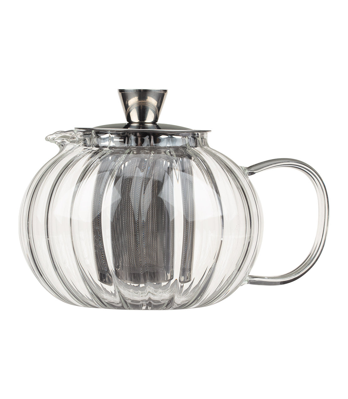 Cristel glass teapot with a ribbed design, stainless steel lid, and built-in infuser for brewing tea.