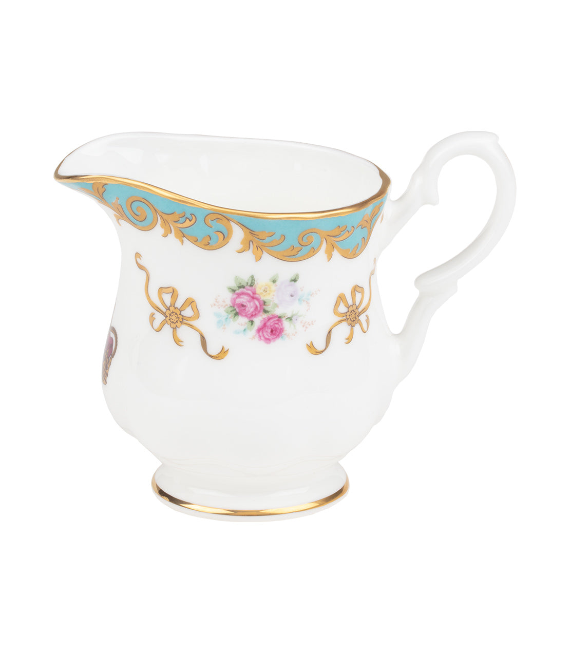 Elegant Historic Royal Palaces creamer with floral design and gold accents on a white porcelain base.