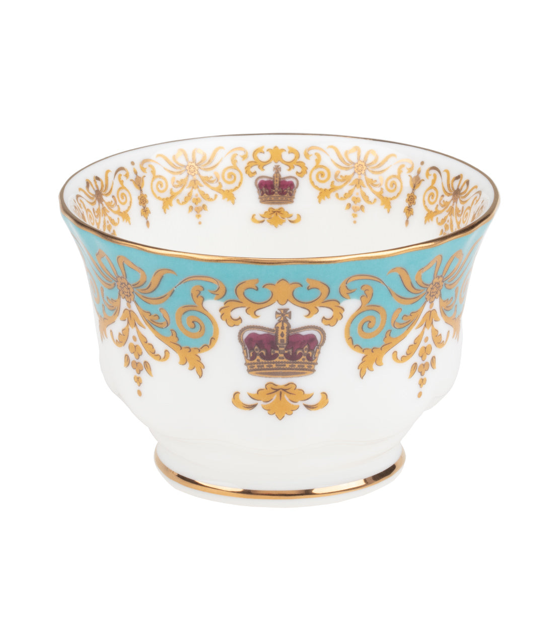 Historic Royal Palaces sugar bowl featuring intricate gold and turquoise crown designs on fine porcelain.