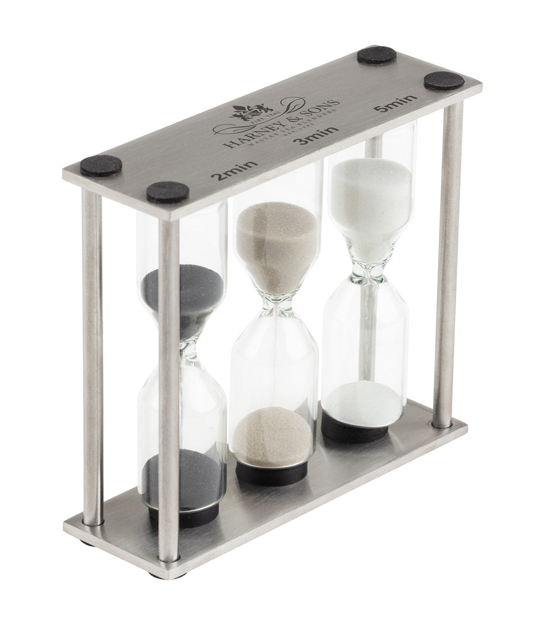 Harney & Sons Sand Tea Timer with three hourglasses for 2, 3, and 5 minutes, set in a stainless steel frame.