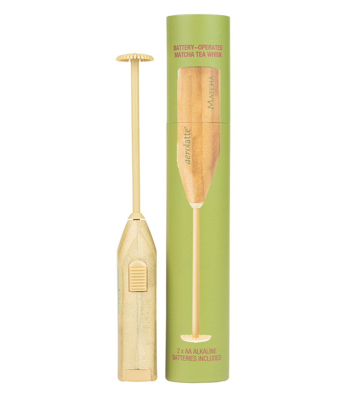 Battery-operated matcha tea frother with a sleek design, packaged in a green tube, includes 2 AA batteries.