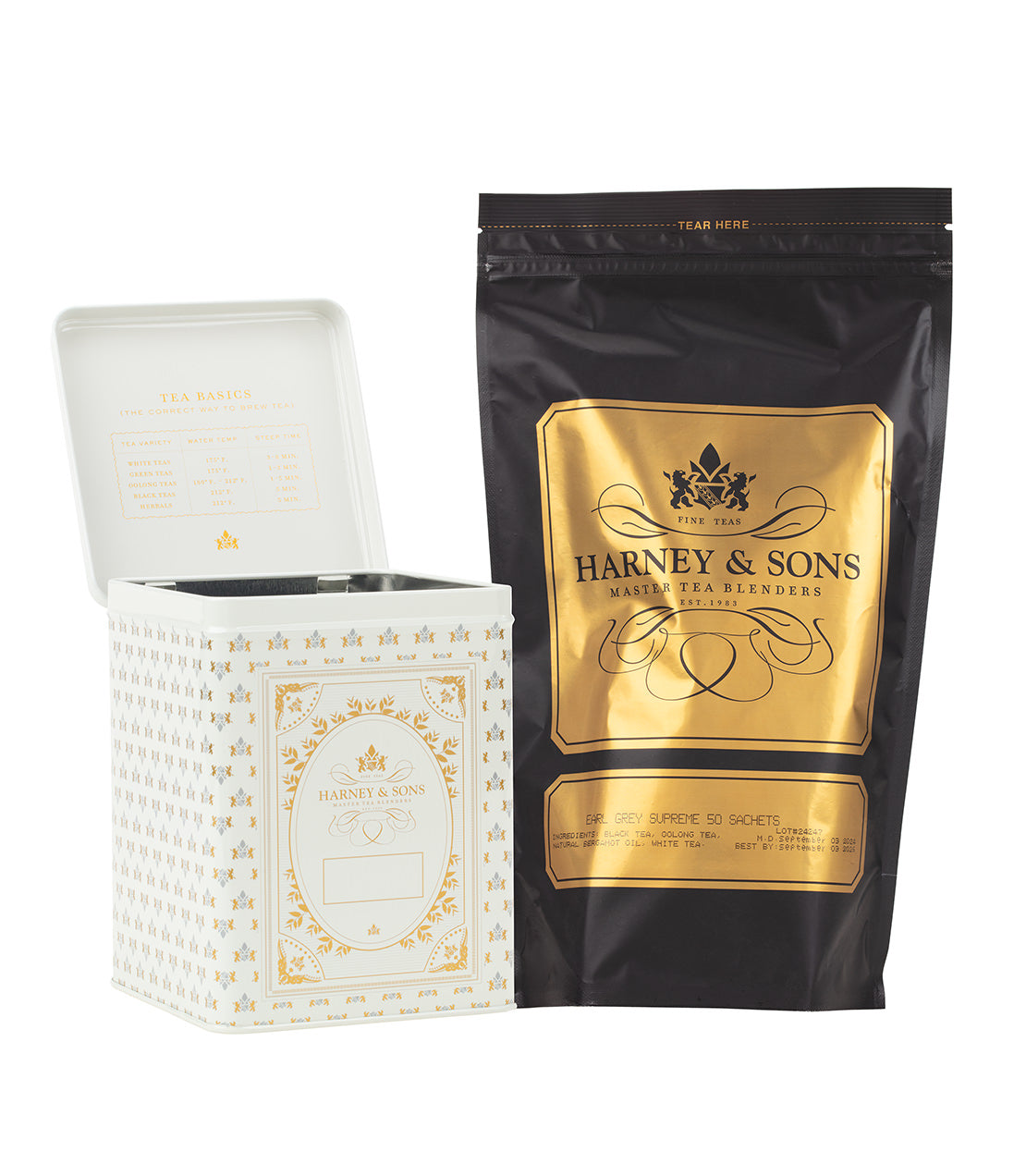 Harney & Sons 50 CT Hinged Canister Bundle featuring Earl Grey Supreme Loose Tea in a decorative tin and bag.