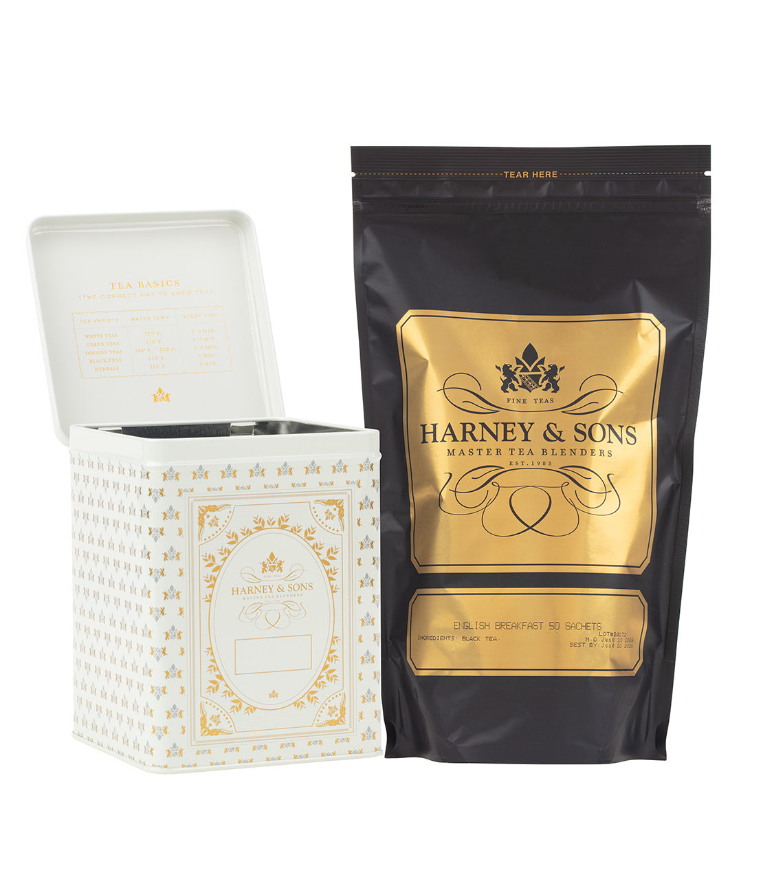Harney & Sons 50 CT Hinged Canister Bundle featuring English Breakfast tea sachets in decorative packaging.