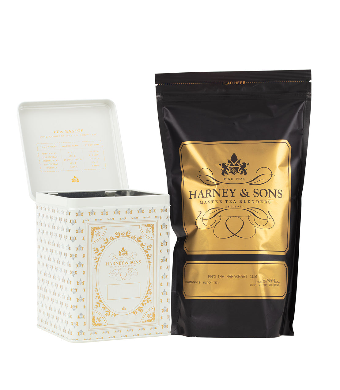 Harney & Sons 50 CT Hinged Canister Bundle featuring English Breakfast Loose Tea in decorative packaging.