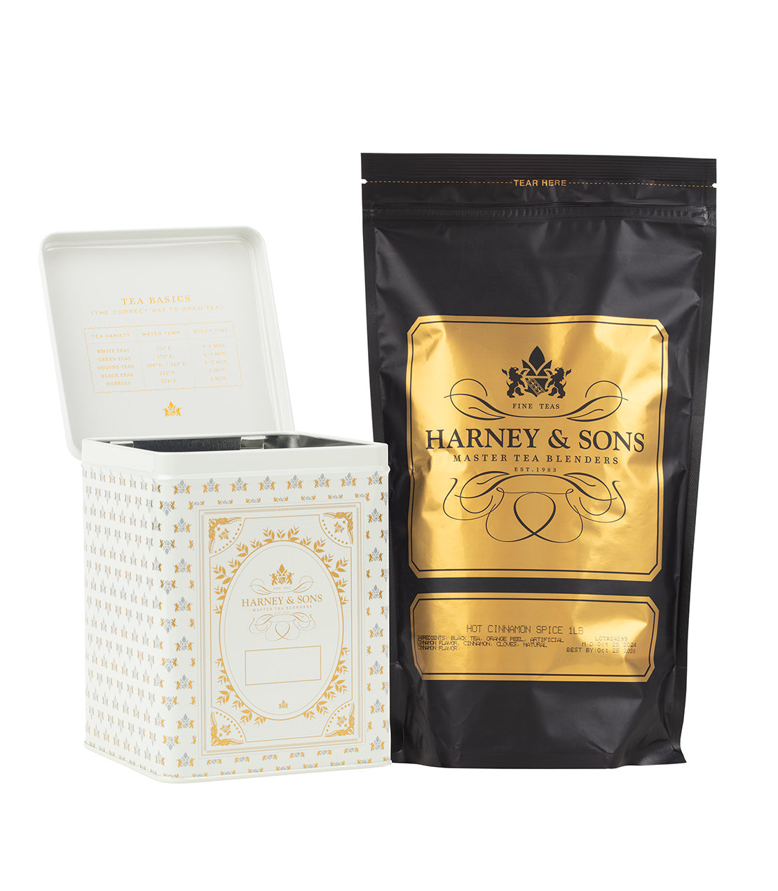 Harney & Sons 50 CT Hinged Canister Bundle featuring Hot Cinnamon Spice Loose Tea in a decorative tin and bag.