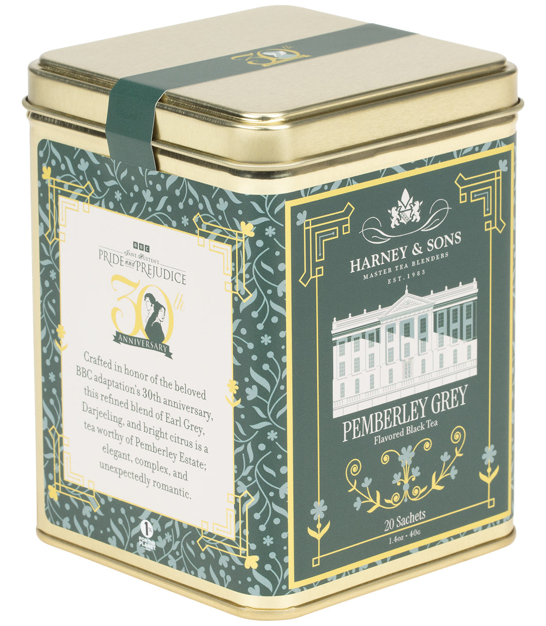 Harney & Sons Fine Teas- Jane Austen's Pride and Prejudice 30th Anniversary- Pemberley Grey- Gold tin of 20 sachets with decorative green, gold, and white design