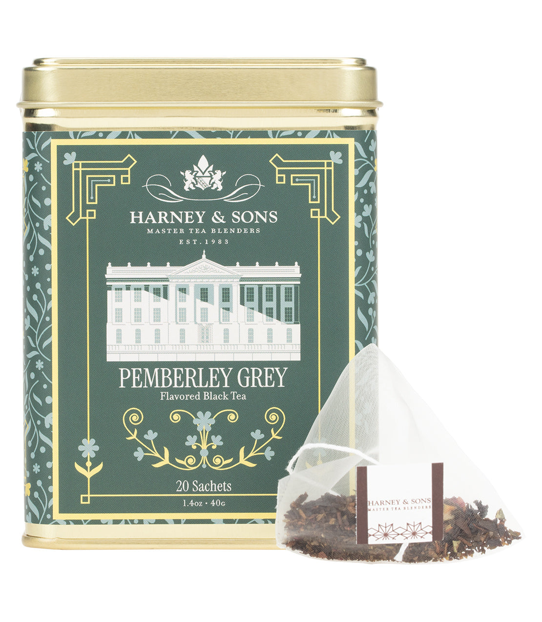 Harney & Sons Fine Teas- Jane Austen's Pride and Prejudice 30th Anniversary- Pemberley Grey- Gold tin of 20 sachets with decorative green, gold, and white design-Pictured with a sachet