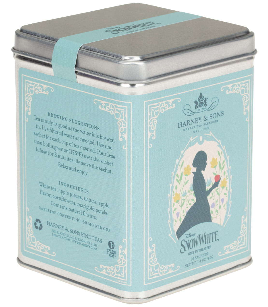 Snow White tea tin containing 20 sachets, featuring brewing suggestions and ingredient details on the label.