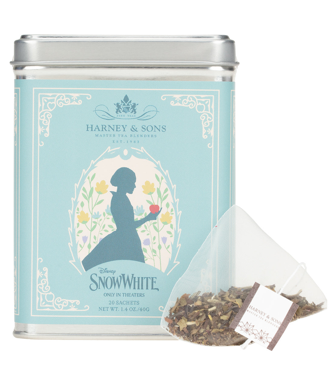 Snow White tea tin by Harney & Sons, featuring 20 sachets, with a silhouette design and floral accents.
