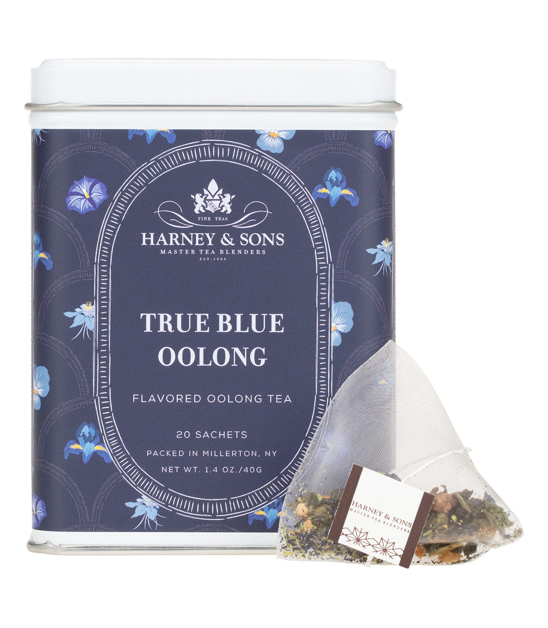 Tin of 20 True Blue Oolong tea sachets by Harney & Sons, featuring floral design and packaging details.