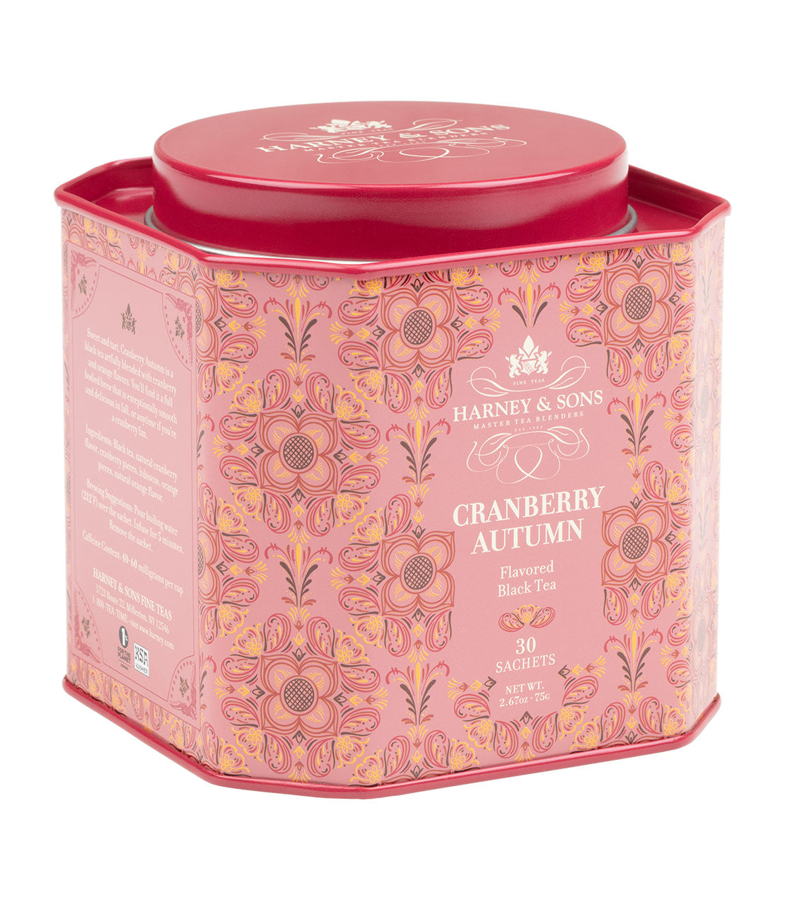 Cranberry Autumn flavored black tea tin by Harney & Sons, featuring a floral design and 30 tea sachets.