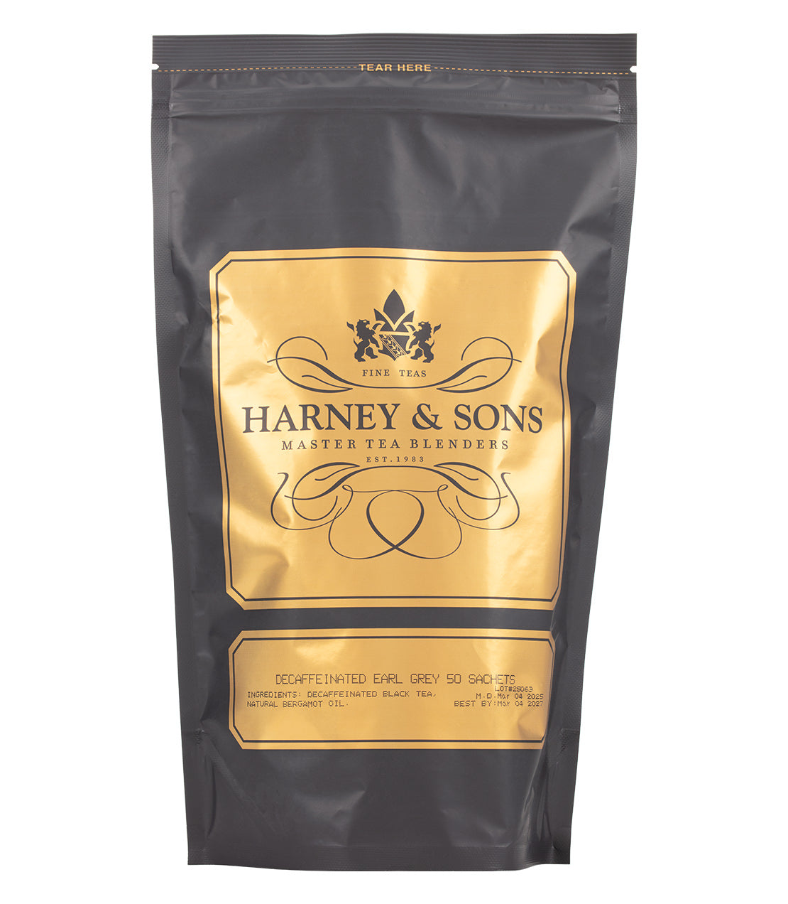 Harney & Sons Fine Teas- Decaffeinated Earl Grey- Black and Gold Bag of 50 Sachets