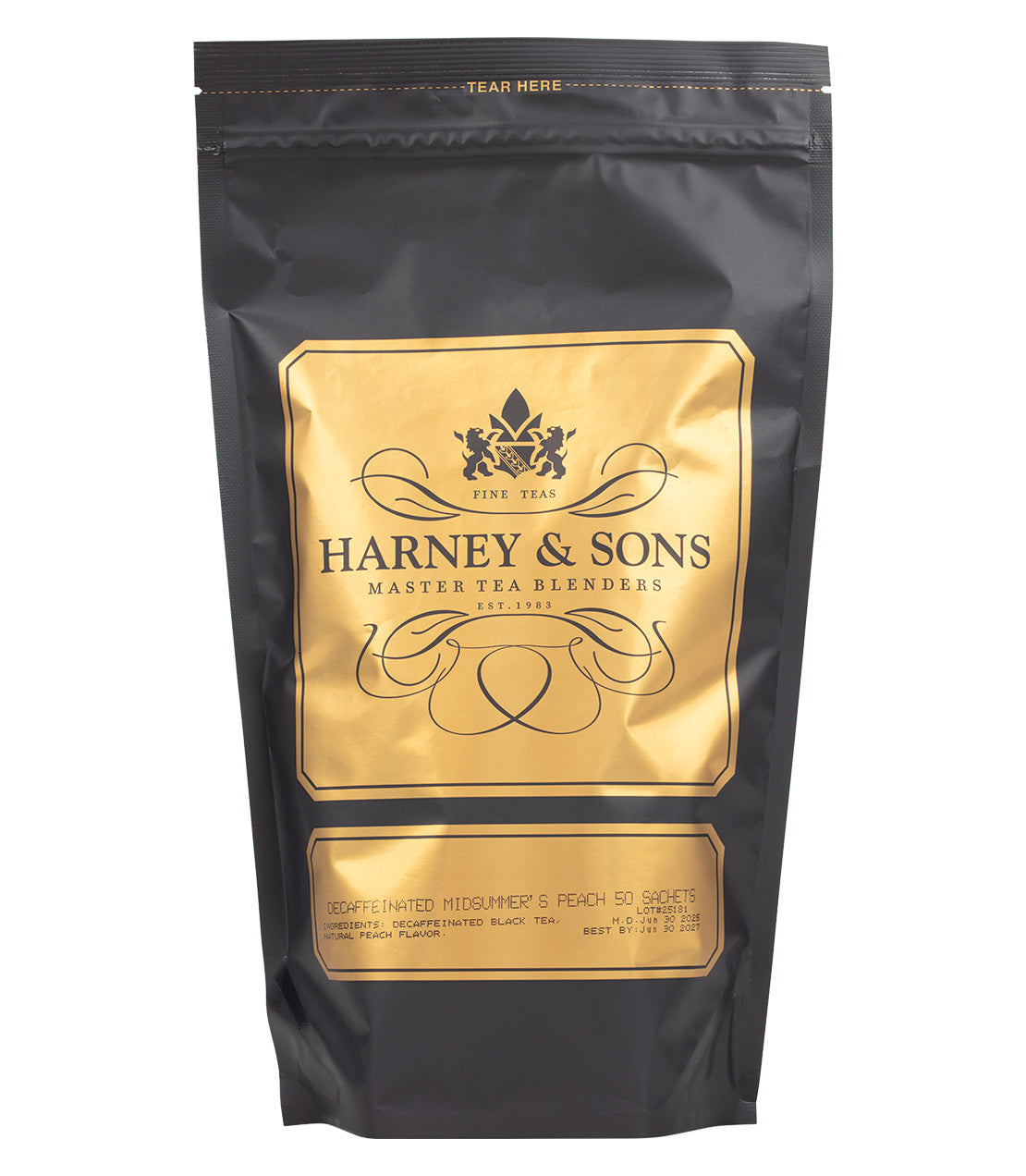 Harney & Sons Fine Teas- Decaffeinated Midsummer's Peach- Black and Gold Bag of 50 Sachets