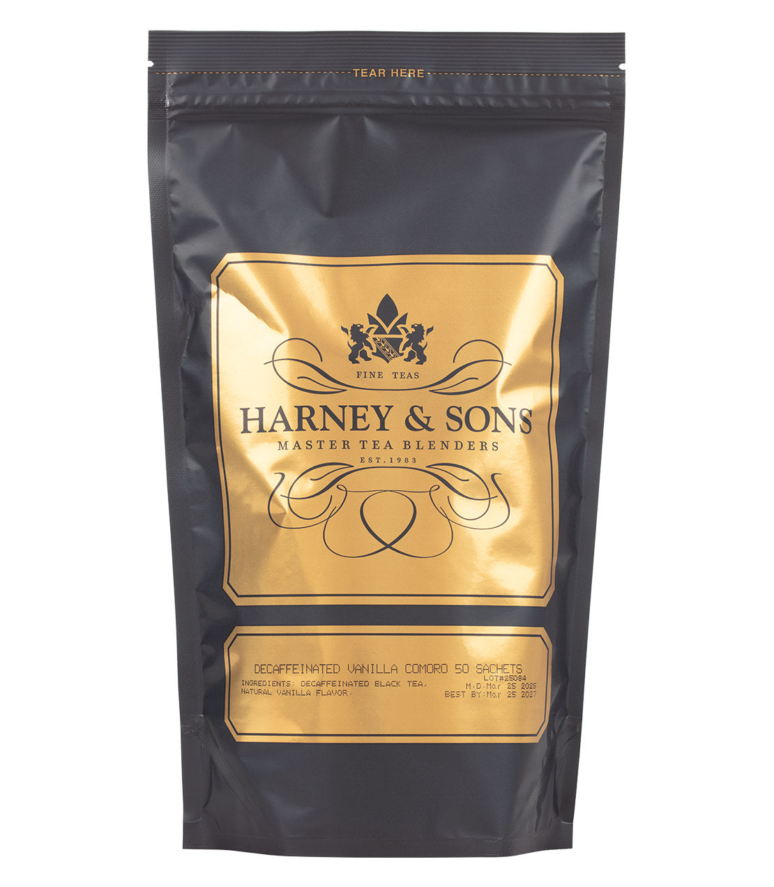 Harney & Sons Fine Teas- Decaffeinated Vanilla Comoro- Black and Gold Bag of 50 Sachets