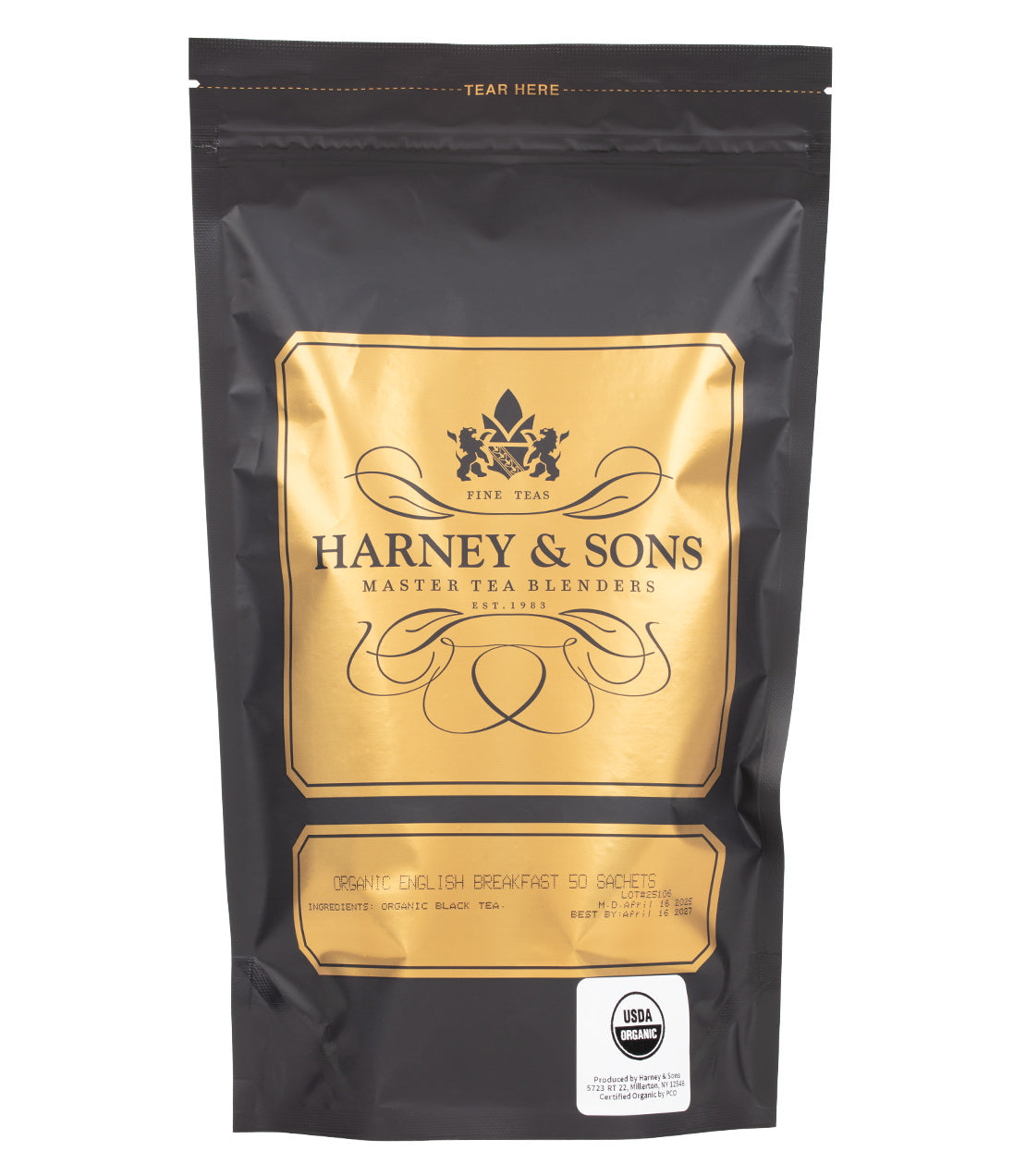 Harney & Sons Fine Teas- Organic English Breakfast - Bag of 50 Sachets- Black and Gold Bag