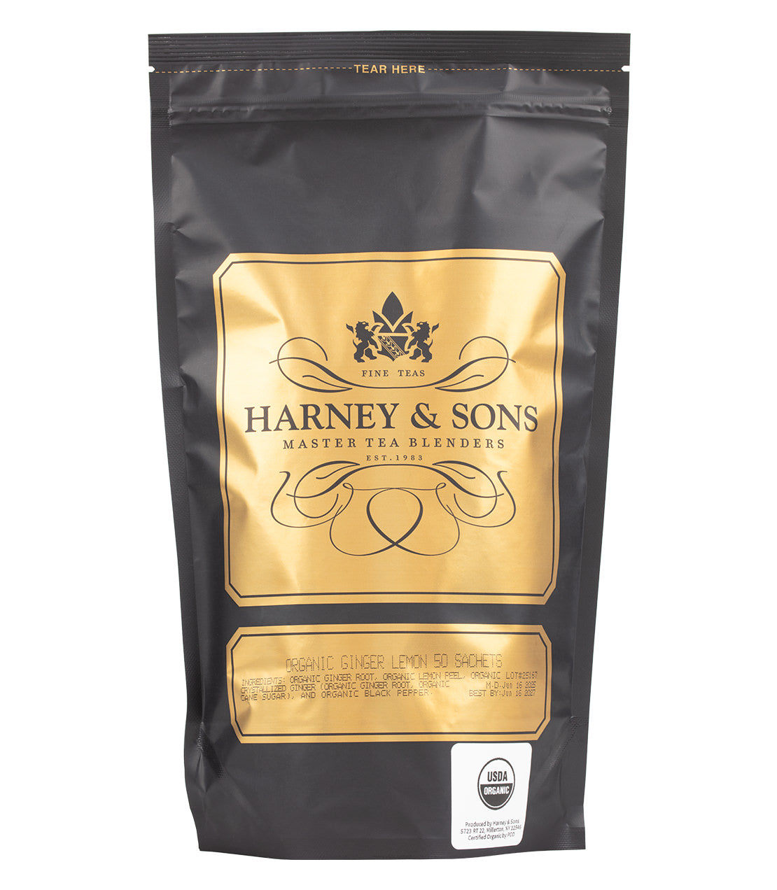 Harney & Sons Fine Teas- Organic Ginger Lemon- Black and Gold Bag of 50 Sachets