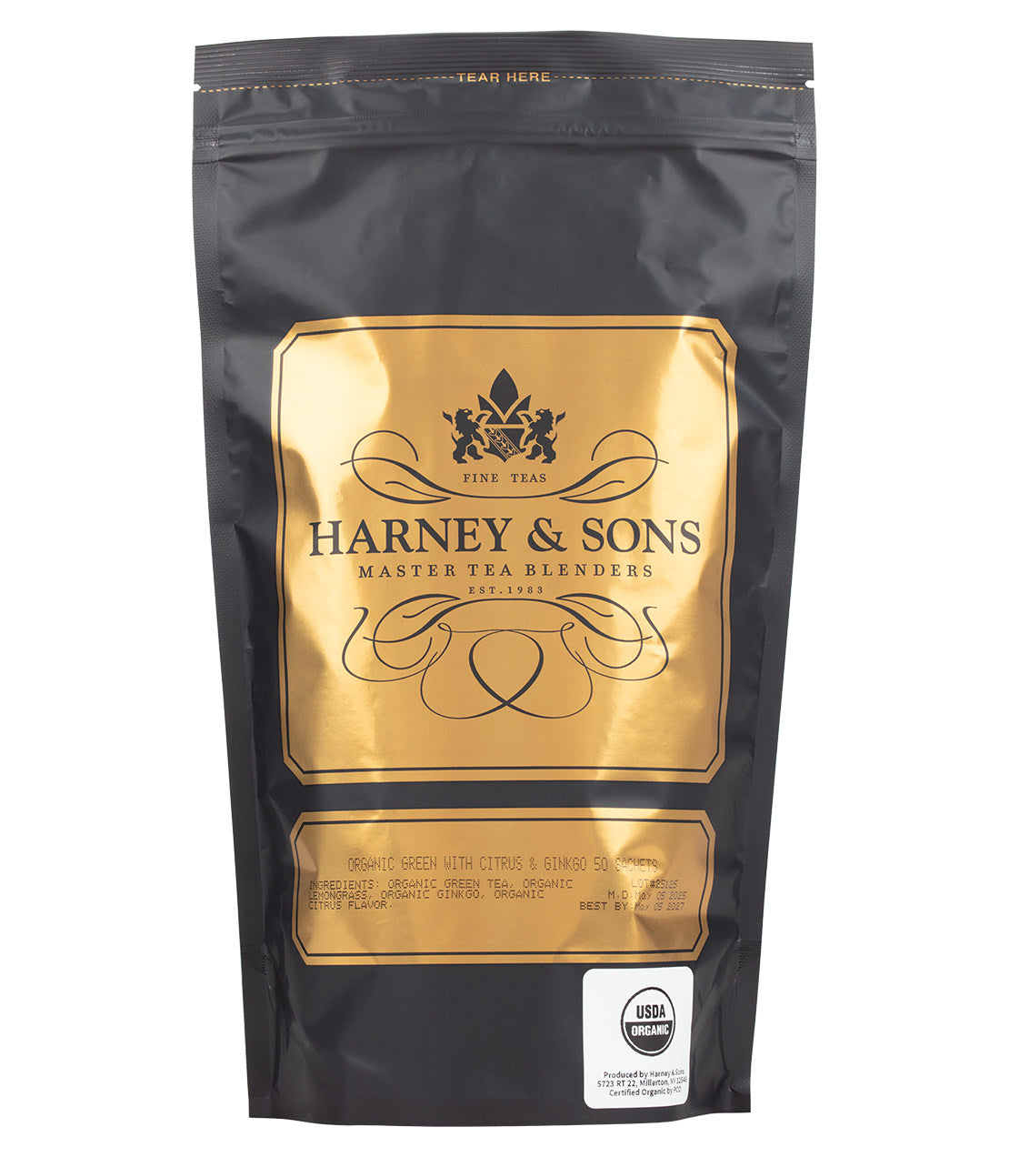 Harney & Sons Fine Teas- Organic Green with Citrus & Ginkgo - Black and Gold Bag of 50 Sachets