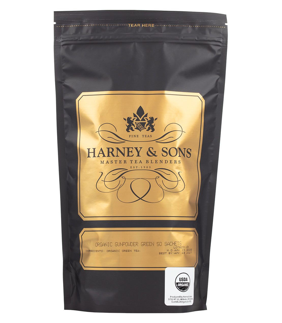 Harney & Sons Fine Teas- Organic Gunpowder Green- Black and Gold Bag of 50 Sachets