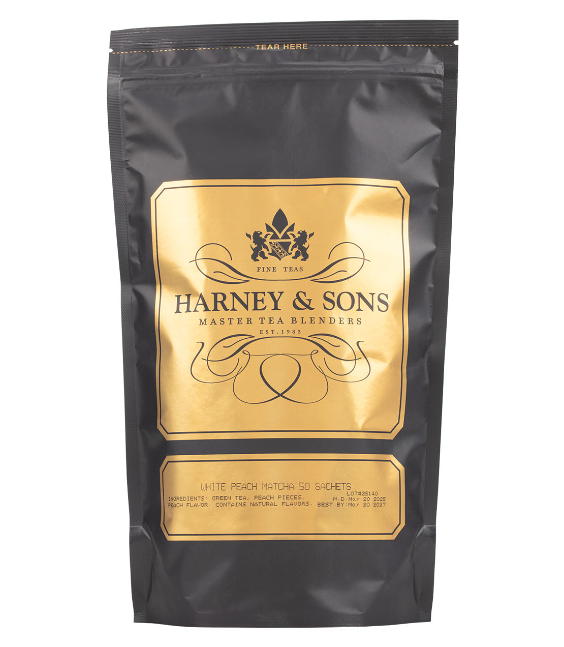 Harney & Sons Fine Teas- White Peach Matcha- Black and Gold Bag of 50 Sachets
