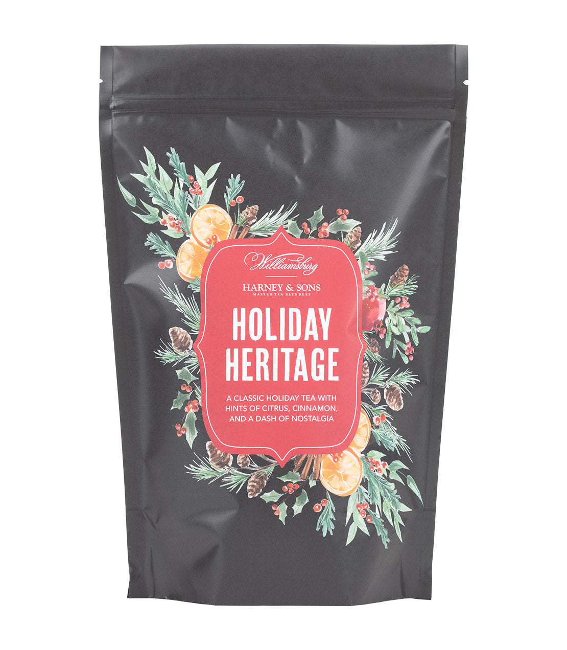 Harney & Sons Fine Teas- Colonial Williamsburg- Holiday Heritage- Bag of 50 Sachets- Black Bag with red badge and festive decorations-