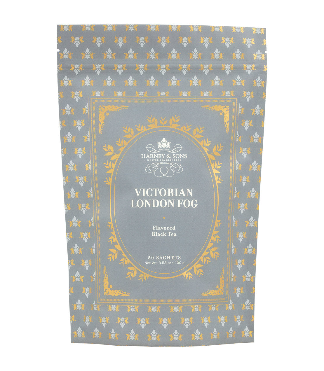 Victorian London Fog, Bag of 50 Sachets - Sachets Bag of 50 Sachets - Harney & Sons Fine Teas- Decorative Gray Bag with White and Gold Highlights