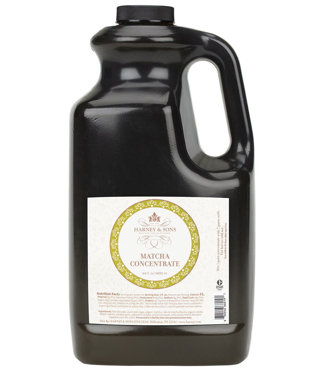 Harney & Sons Fine Teas- 64oz- Half Gallon Bottle- Matcha Concentrate- Clear bottle filled with dark brown liquid- Light cream label with green highlight